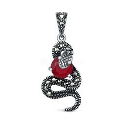 Подвеска змея из чернёного серебра с плавленым кварцем цвета рубин и марказитами
