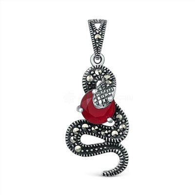 Кольцо змея из чернёного серебра с плавленым кварцем цвета рубин и марказитами