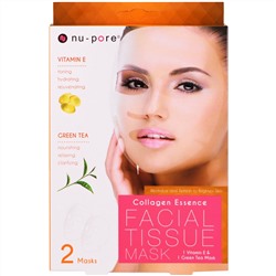 Nu-Pore, Collagen Essence Facial Tissue Mask, Vitamin E & Green Tea, 1 Vitamin E & 1 Green Tea Mask