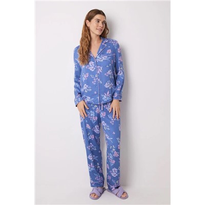 Pijama camisero soft touch azul flores