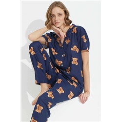 Siyah İnci Lacivert Ayıcık Desenli Düğmeli Örme Pijama Takımı 7635