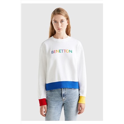 United Colors of Benetton Kadın Mix %100 Koton Rahat Kalıp Benetton Yazılı Sweatshirt Beyaz Mix 123A3J68D104C