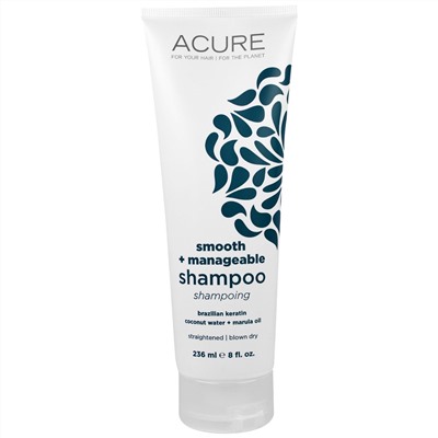 Acure Organics, Шампунь, разглаживающий и усмиряющий непослушные волосы, с бразильским кератином, кокосовой водой и маслом марулы, 8 жидких унций (236 мл)