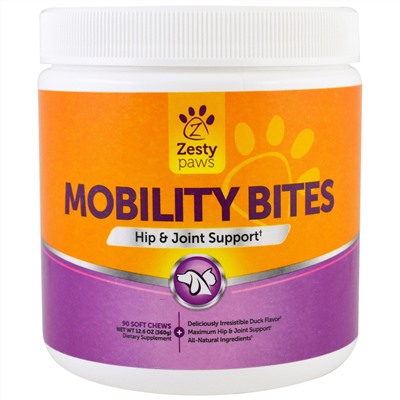 Zesty Paws, Mobility Bites for Dogs and Cats, Hip and Joint Support, Duck Flavor, 90 Soft Chews