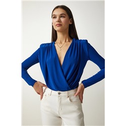 Happiness İstanbul Kadın Kobalt Mavi Anvelop Yaka Çıtçıtlı Örme Bluz FF00147