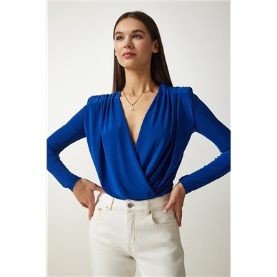 Happiness İstanbul Kadın Kobalt Mavi Anvelop Yaka Çıtçıtlı Örme Bluz FF00147