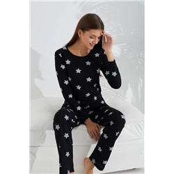 Siyah İnci siyah beyaz yıldız desenli Pamuklu Pijama Takımı 7681