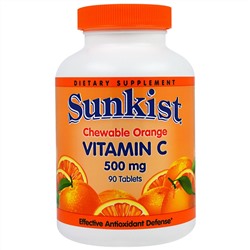 Sunkist, Витамин C, жевательные таблетки с апельсиновым вкусом, 500 мг, 90 таблеток