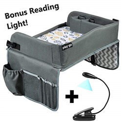 Kids Travel Tray Bonus Reading Light Clip | Premium Car Seat Activity Tray | Waterproof, Food & Snack Tray | Smartphone/Tablet/Cup Holder | Back Seat Organizer | Padded/Portable