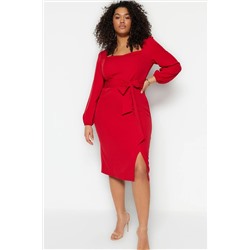 Trendyol Curve Kırmızı Bağlama Detaylı Dokuma Yırtmaçlı Elbise TBBSS23AH00184