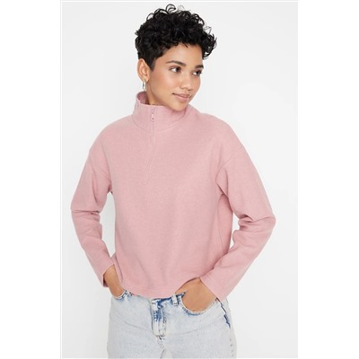 TRENDYOLMİLLA Gül Kurusu Selanik/Triko Görünümlü Fermuarlı Yaka Regular/Normal Kalıp Örme Sweatshirt TWOAW22SW0732