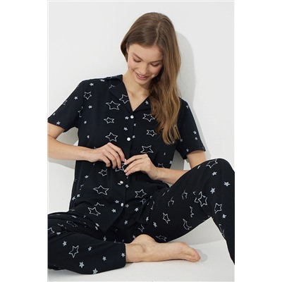 Siyah İnci Siyah Yıldız Desen Kısa Kollu Pamuklu Düğmeli Pijama Takımı 7610
