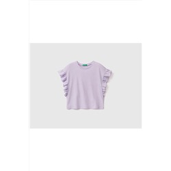 United Colors of BenettonKız Çocuk Lila Keten Karışımlı Kolu Fırfırlı T-shirt Lacivert