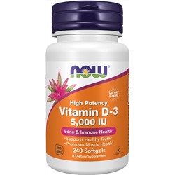NOW Supplements, витамин D-3, 5000 МЕ, высокая эффективность, структурная поддержка*, 240 мягких таблеток