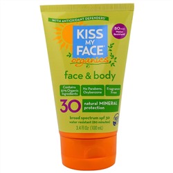 Kiss My Face, Органический минеральный солнцезащитный крем для лица и тела, SPF 30, 3,4 жидкой унции (100 мл)