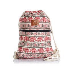 Хлопковая сумка-рюкзак на шнурках (ручная работа) белая с черно-красным узором и слонами / Thai Cotton Backpack Elephant (black-white-red heometry eith elephant print)