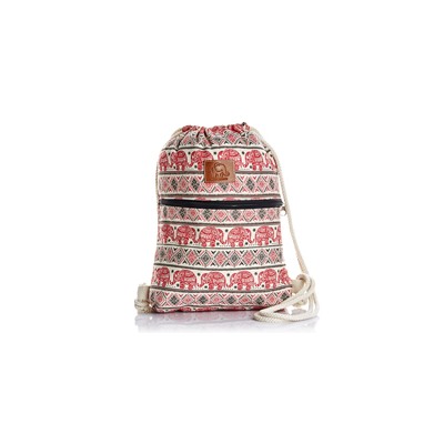 Хлопковая сумка-рюкзак на шнурках (ручная работа) белая с черно-красным узором и слонами / Thai Cotton Backpack Elephant (black-white-red heometry eith elephant print)