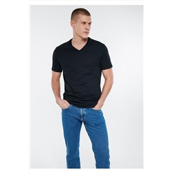 Mavi V Yaka Siyah Basic Tişört Fitted / Vücuda Oturan Kesim 065586-900