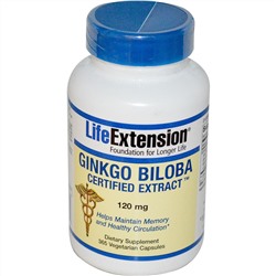 Life Extension, Гинкго двулопастный, сертифицированный экстракт, 120 мг, 365 капсул на растительной основе