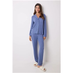 Pijama camisero largo soft touch azul