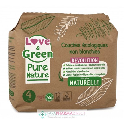 Love&Green Pure Nature - Couches Écologiques Non Blanchies - Taille 4 - 7 à 14kg - 38 couches