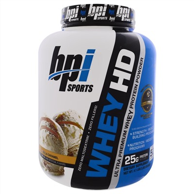 BPI Sports, Whey HD, ультра премиальный сывороточный протеиновый порошок, ванильная карамель, 4,1 фунта (1850 г)