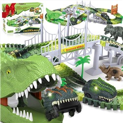 [2022 New] Dinosaur Toys, 157 Pcs Dinosaur Train Set Toys with Flexible Track, Tunnel, 2 Dinosaurs, 2 Led Dino Car, Kids Race Car Track Toys for 3 4 5 6+ Year Old Boys Girls Christmas Birthday Gifts