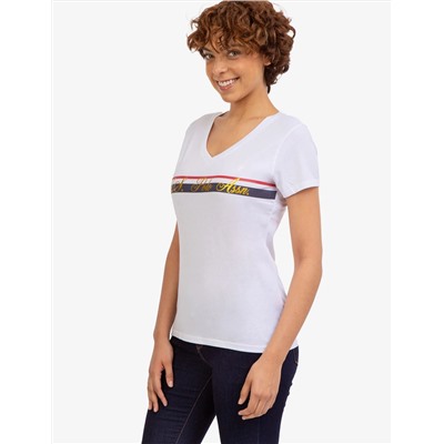 V-NECK STRIPE FOIL GRAPHIC T-SHIRT