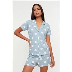 TRENDYOLMİLLA Mavi Puantiyeli Pamuklu Gömlek-Şort Örme Pijama Takımı THMSS20PT0077
