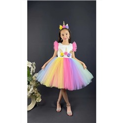 Mnk Rengarenk Etekli Taçlı Kız Çocuk Parti Elbisesi Pembe PRENSES-UNİ