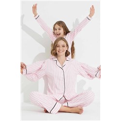 Siyah İnci Pembe Beyaz Çizgili Düğmeli Biyeli Örme Pijama Takım 7588