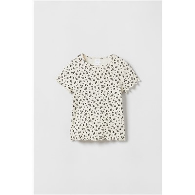 RIBBED AND SCALLOPED T-SHIRT WITH FLORAL PRINT