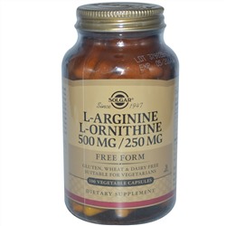 Solgar, L-аргинин, L-орнитин, 500 мг/250 мг, 100 растительных капсул