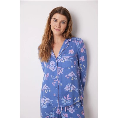 Pijama camisero soft touch azul flores