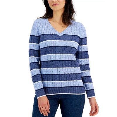 KAREN SCOTT Gianna Cotton Striped Cable V-Neck Sweater, Created for Macy's