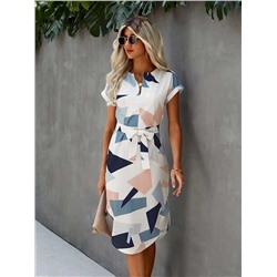 Notched Neck Geo Print Belted Dress