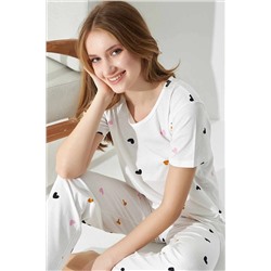 Siyah İnci Beyaz Renkli Kalp Desenli Örme Pamuklu Pijama Takımı 7649