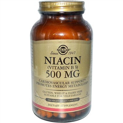 Solgar, Ниацин (витамин B3), 500 мг, 250 капсул на растительной основе