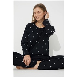 Siyah İnci Siyah Beyaz Kalp Desenli Pamuklu Pijama Takımı 7613