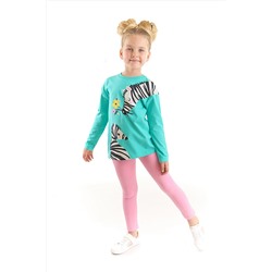 Denokids Çiçekli Zebra Kız Çocuk Turkuaz T-shirt Pembe Tayt Takım CFF-22S1-043