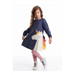 Denokids Renkli Unicorn Lacivert Kız Çocuk Dokuma Elbise CFF-19K1-039