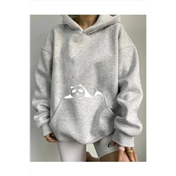 NEW MODACep Üstünde Kedi Baskılı Kapüşonlu Sweatshirt