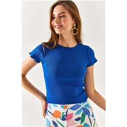 Olalook Kadın Saks Mavi Overlok Detaylı Crop Likralı Bluz BLZ-19002352