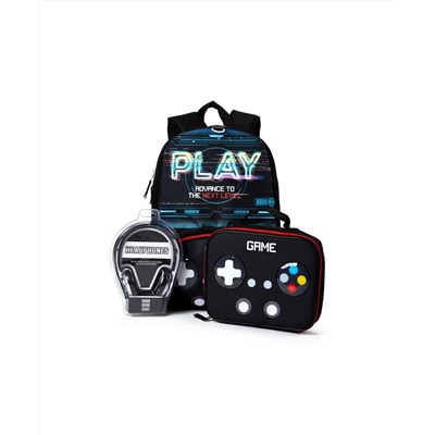 Love 2 Design Big Boys Gaming Backpack with Headphone and Lunch Box 3 Piece Set
