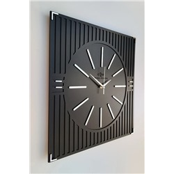 aSSe Tasarım Özel Lüx Çizgi Desenli Ayna Pleksi Dekoratif Siyah & Gümüş Kare Duvar Saati 50x50cm dkbe50x50s