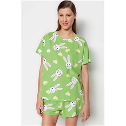 TRENDYOLMİLLA Yeşil %100 Pamuk Kalpli Tavşan Baskılı T-shirt-Şort Örme Pijama Takımı THMSS23PT00005