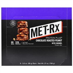 MET-Rx, Батончик Протеин Плюс, Шоколад с Жареным Арахисом и Карамелью, 9 батончиков, 3,0 унции (85 г) каждый