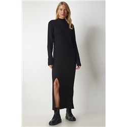 Happiness İstanbul Kadın Siyah Balıkçı Yaka Yırtmaçlı Uzun Triko Elbise YY00163