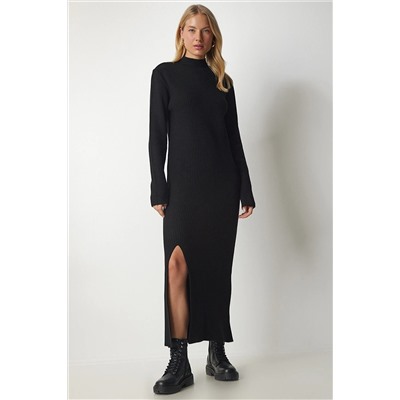 Happiness İstanbul Kadın Siyah Balıkçı Yaka Yırtmaçlı Uzun Triko Elbise YY00163