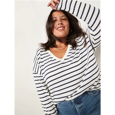 Oversized Cozy-Knit Long-Sleeve Striped T-Shirt for Women